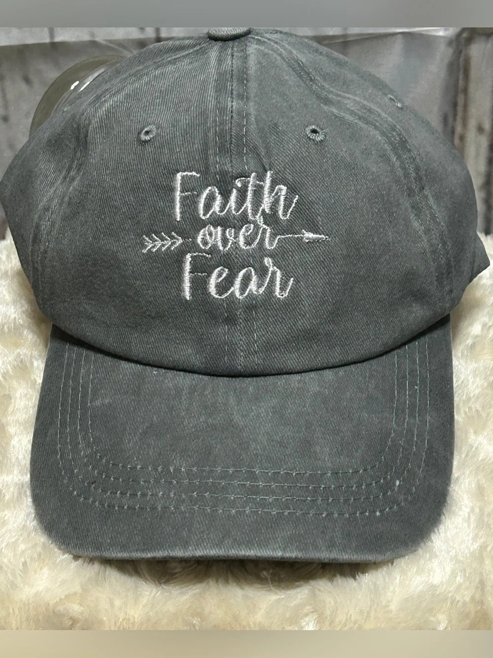 “Faith Over Fear ” Embroidered Baseball Cap Hat • Grey • Buckle Adjustment.